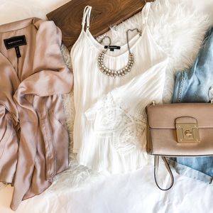 BCBG Blush Jacket, Zara jeans w/ lace top